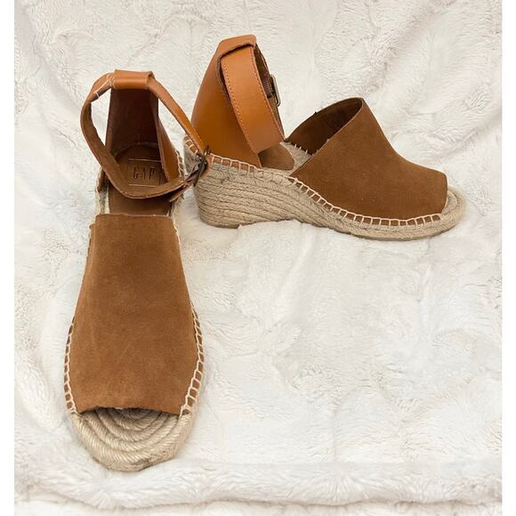 NEW GAP Espadrille Wedges Shoes Sandals Brown Suede Wedge Ankle Strap Open Toe - Picture 7 of 10